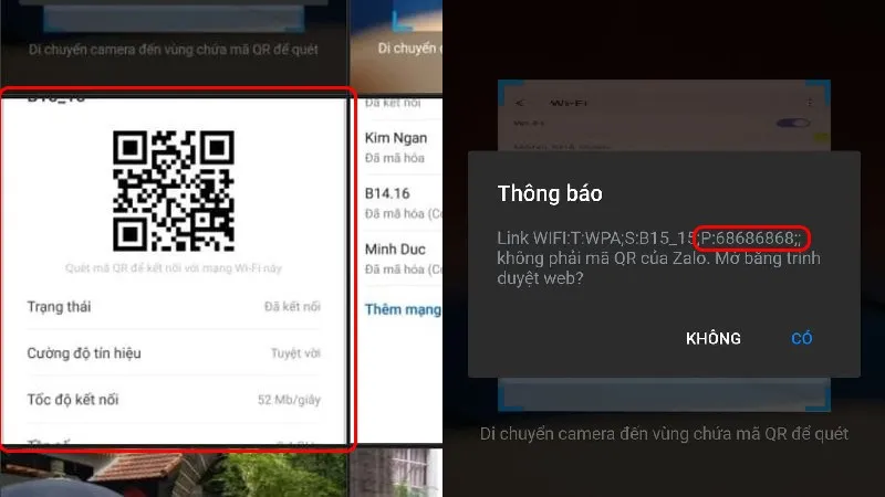 Kết quả sau khi quét mã QR sẽ hiển thị rõ ràng mật khẩu WiFi cho người dùng