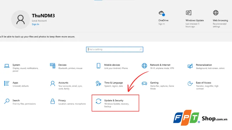 Vào mục Update và Security để bắt đầu quá trình kích hoạt Windows