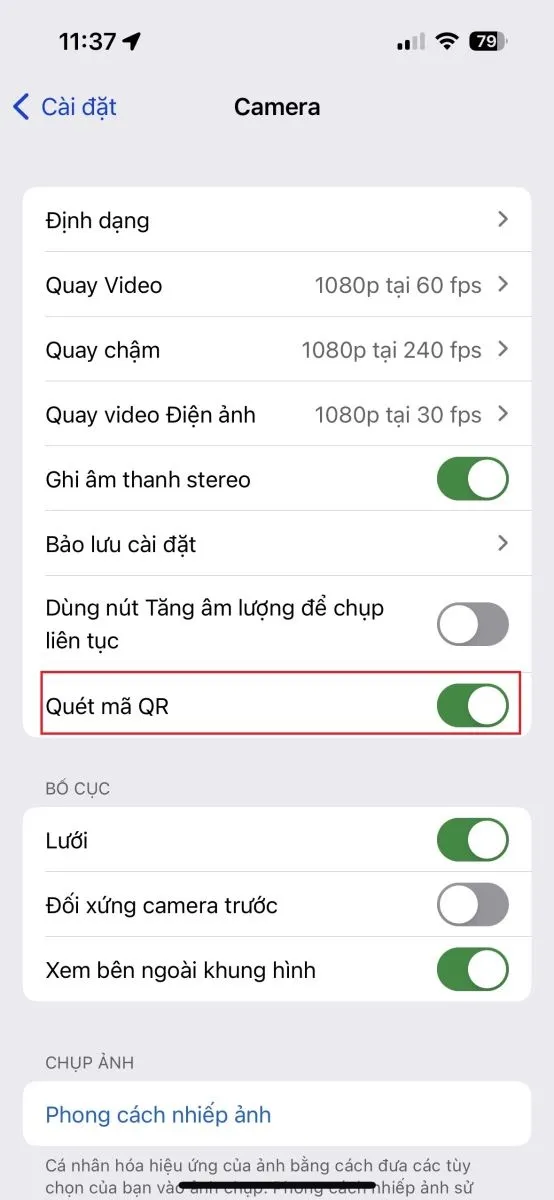 Đảm bảo tùy chọn quét mã QR đã được bật trên iOS