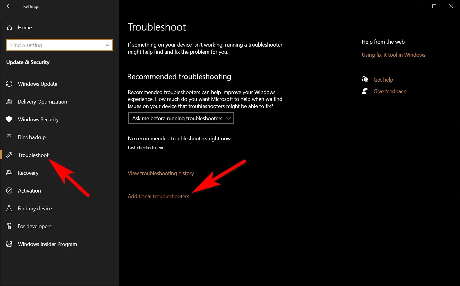 Vị trí công cụ Troubleshoot giúp giải quyết các vấn đề phát sinh trên Windows 10