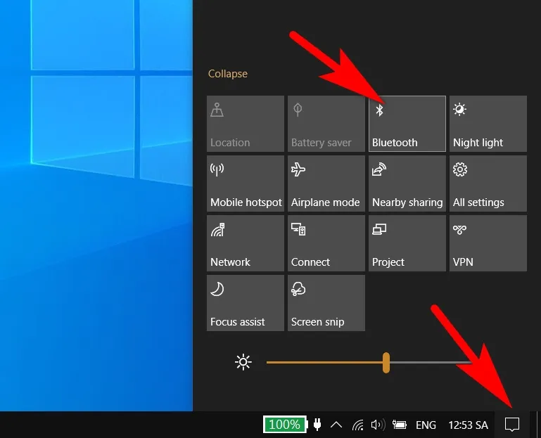 Vị trí nút bấm nhanh Bluetooth trong khu vực thông báo Action Center của Windows 10