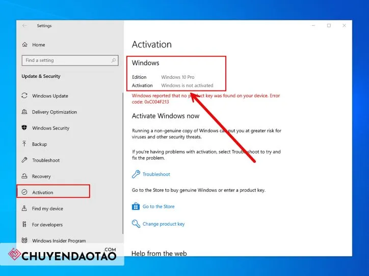 Vị trí nút thay đổi mã khóa sản phẩm trong Windows 10