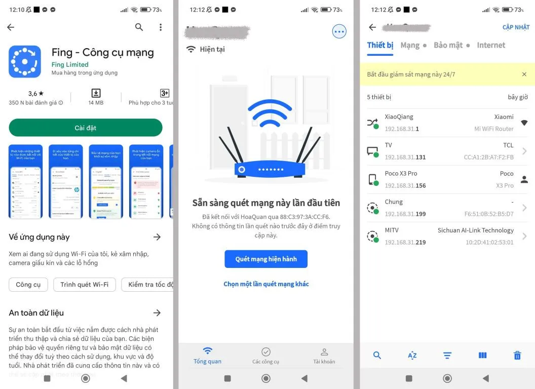 Ứng dụng Fing quét và hiển thị danh sách thiết bị trên mạng WiFi