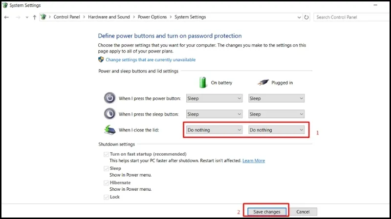 Cấu hình Do nothing cho cả hai chế độ nguồn