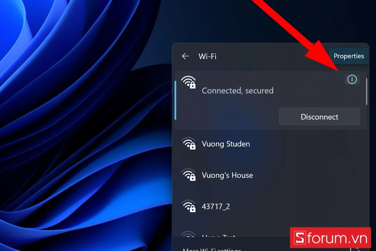 Mở Properties mạng WiFi