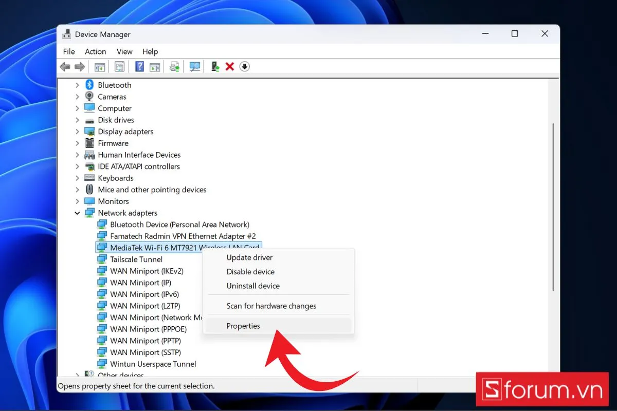 Mở Properties card WiFi