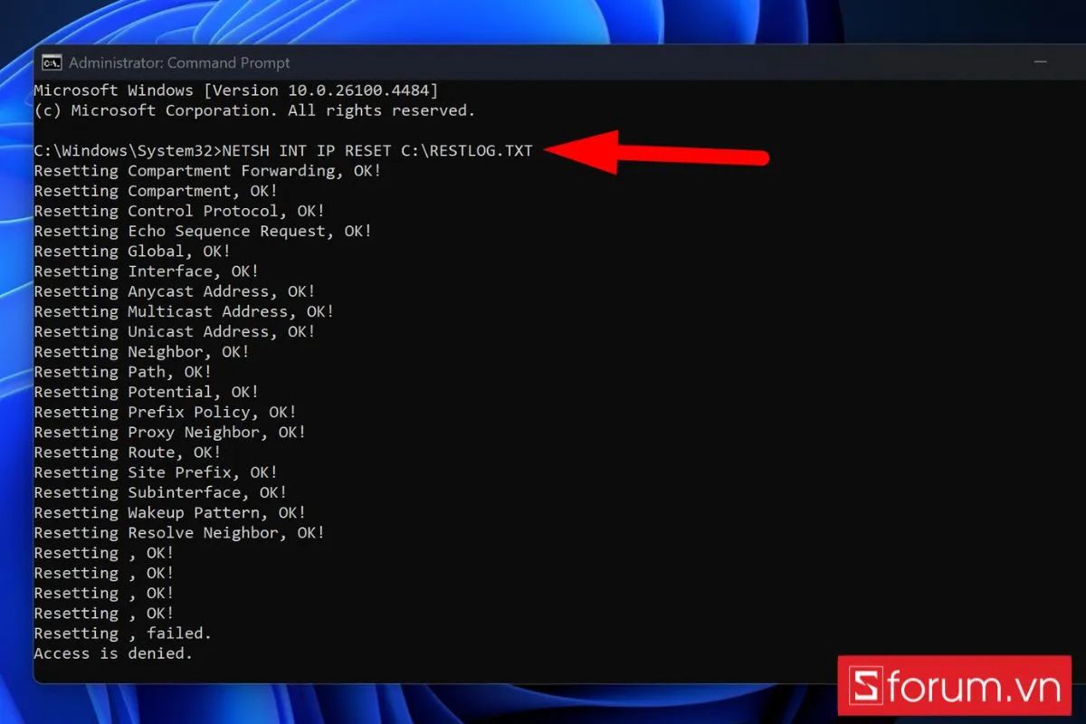 Chạy lệnh reset TCP/IP