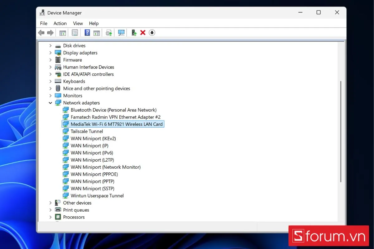 Tìm card WiFi trong danh sách
