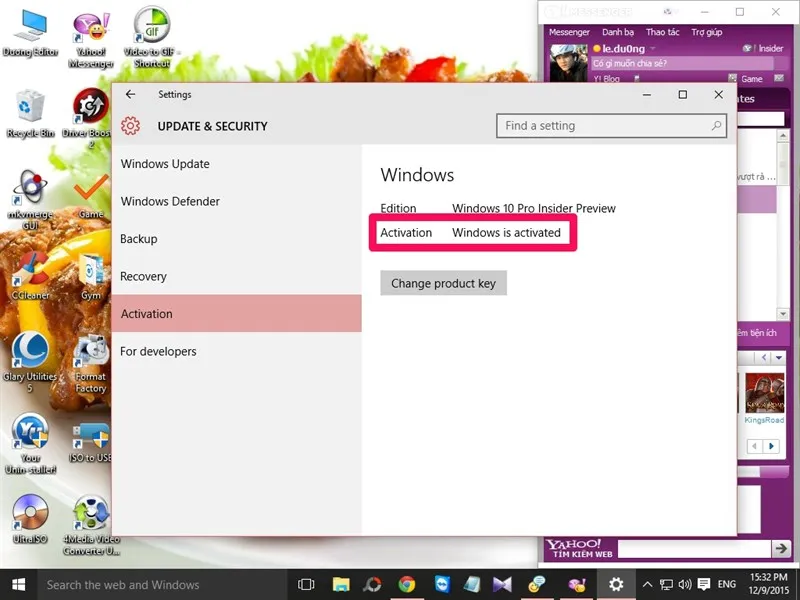 Màn hình Activation trong Windows Settings