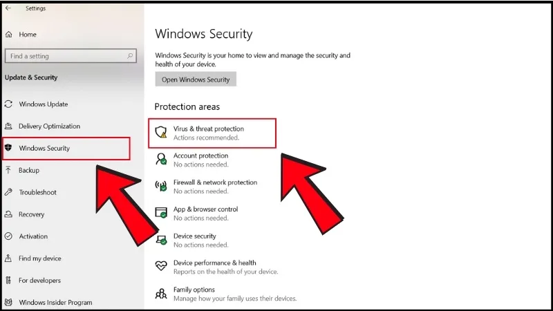 Chọn Windows Sercurity, sau đó chọn tiếp vào Virus & threat Protection