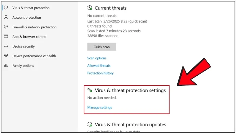 Tại Virus & threat Protection, bạn chọn vào Manage Layout
