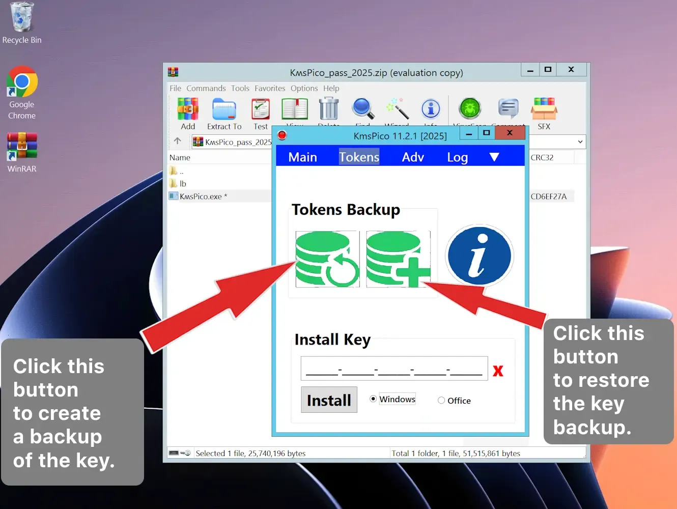 Giao diện sao lưu bản quyền Windows và Office trong tab Tokens