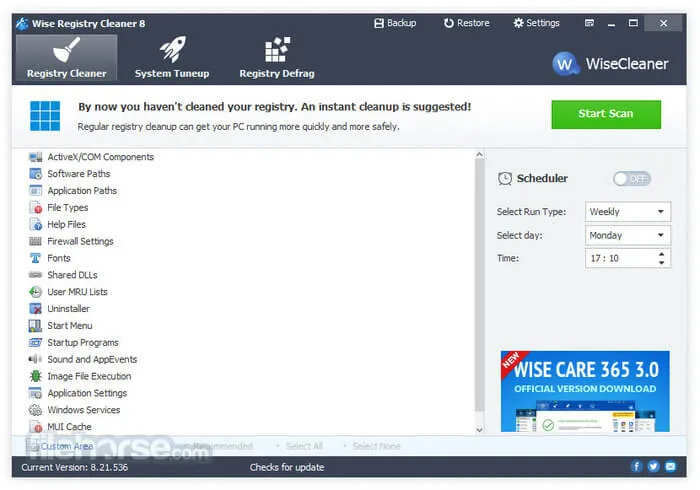 Wise Registry Cleaner giúp dọn dẹp tệp rác và tối ưu hóa registry để tăng tốc máy tính Windows 7