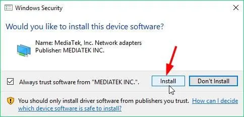 Xác nhận cài đặt trình điều khiển từ hệ thống Windows