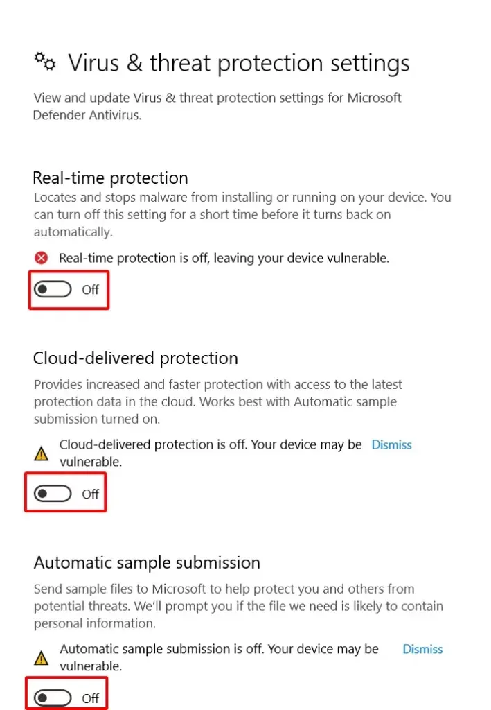Xác nhận tắt các mục bảo vệ trong cách tắt virus & threat protection win 10