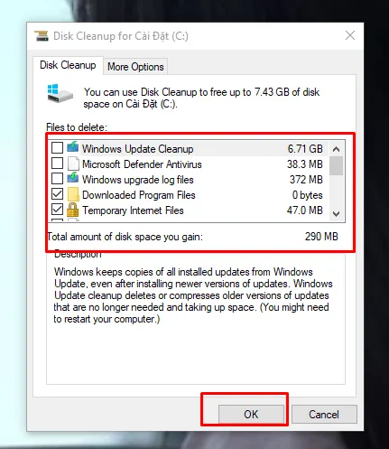 Xác nhận xóa bỏ các tập tin rác sau khi đã được hệ thống liệt kê