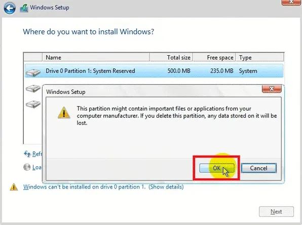 Xác nhận xóa phân vùng để tạo không gian trống