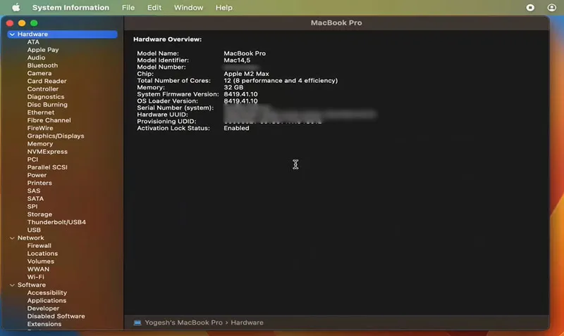 Bảng System Report liệt kê chi tiết mọi linh kiện vật lý bên trong laptop Macbook
