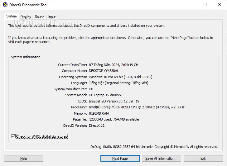 Giao diện thẻ System hiển thị đầy đủ thông tin cốt lõi khi check phần cứng máy tính