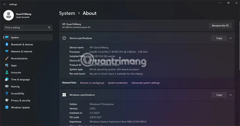 Xem thông tin CPU và phiên bản Windows chi tiết trong giao diện About System