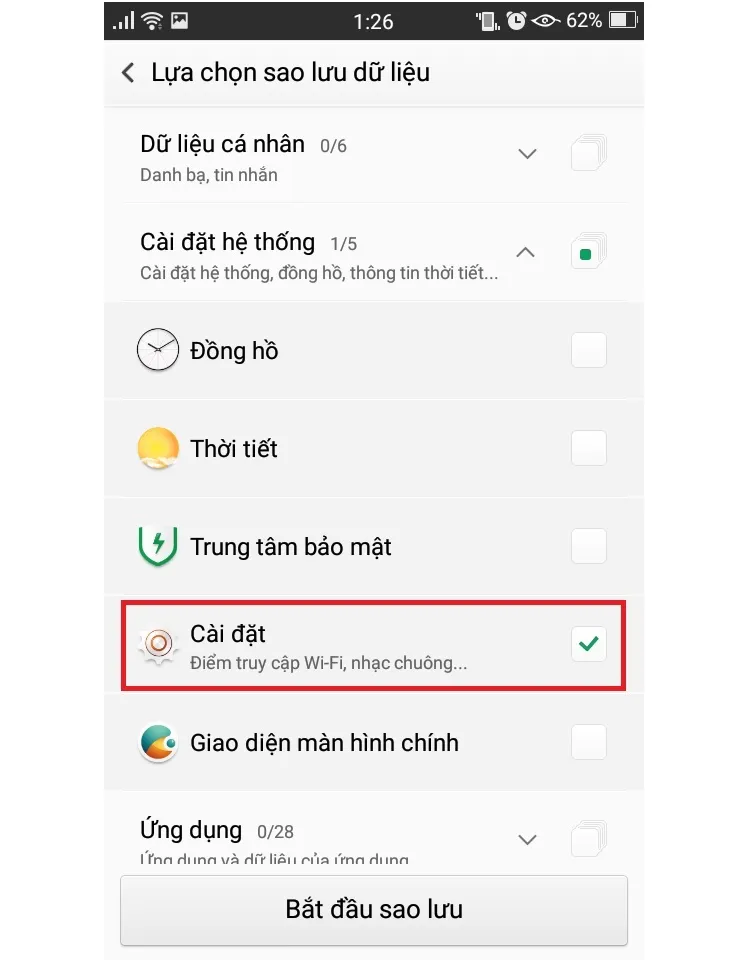 Lựa chọn hạng mục "Cài đặt" để sao lưu thông tin điểm truy cập WiFi