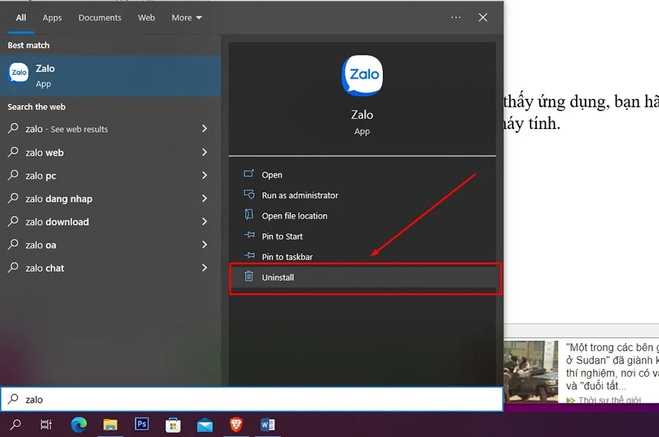 Sử dụng Windows Search để tìm và gỡ Zalo