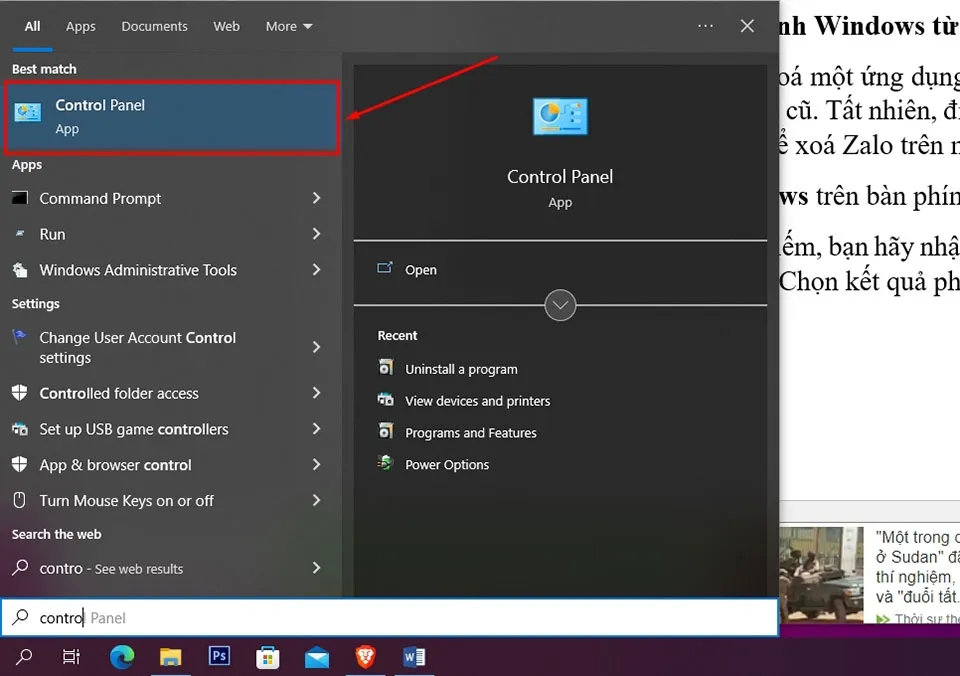 Truy cập Control Panel từ Start Menu