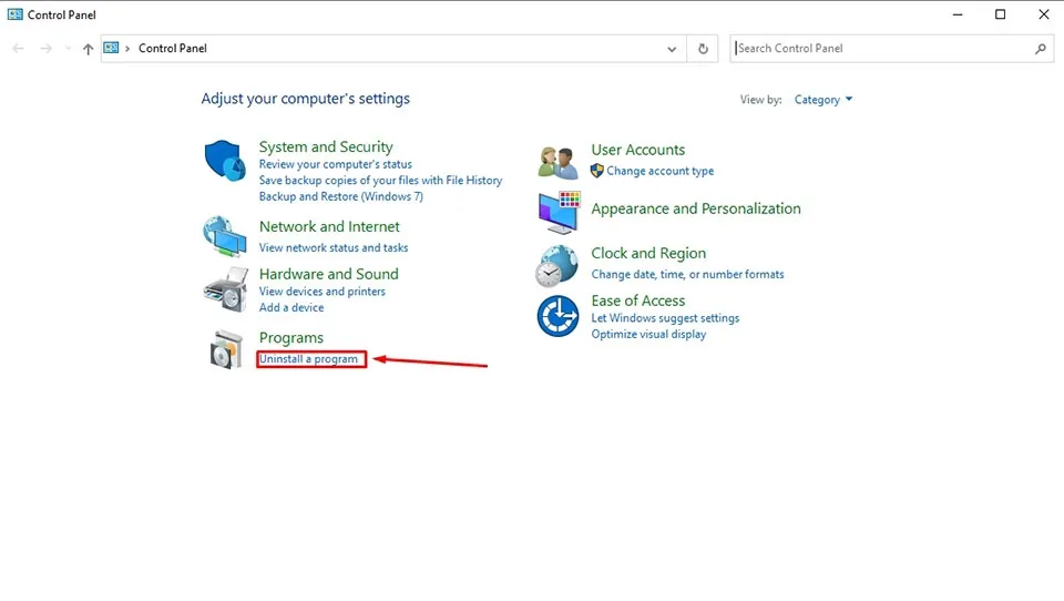 Chọn mục Uninstall a program trong Control Panel