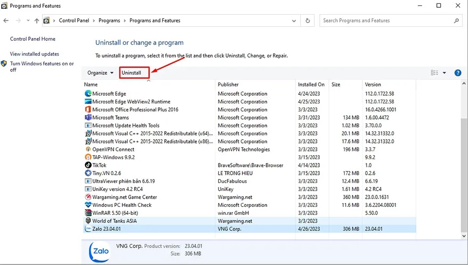 Danh sách ứng dụng trong Programs and Features