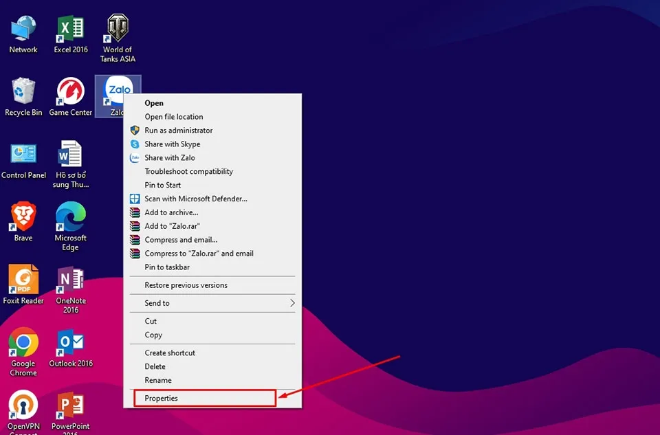Mở Properties của shortcut Zalo