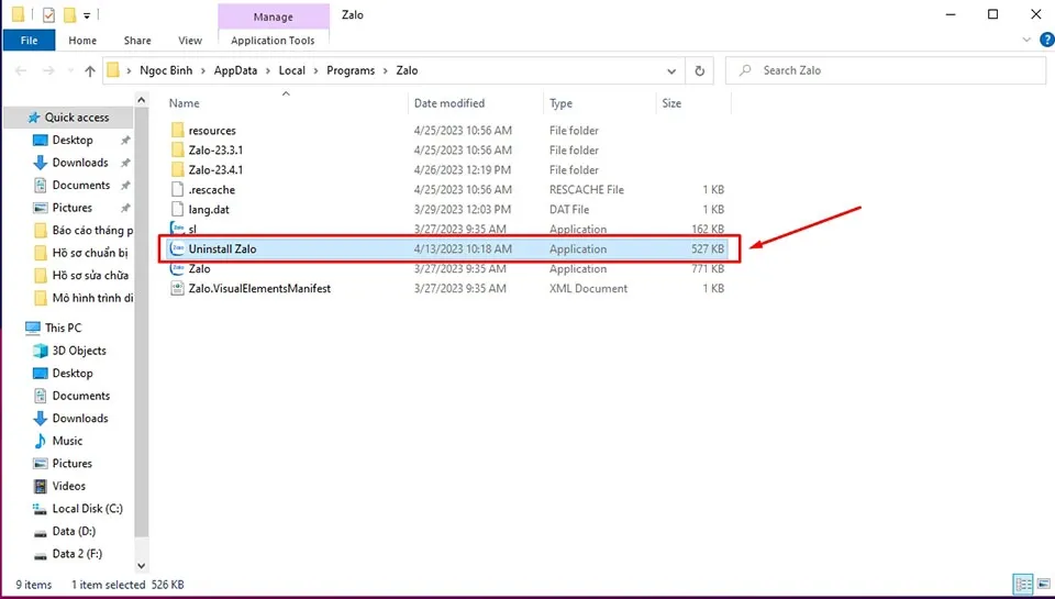 File Uninstall trong thư mục Zalo